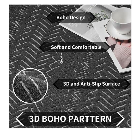 5x7-Boho Dark Grey Machine Washable-Non Slip Moroccan Washable Rug - Picture 5 of 6